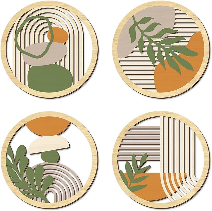 TOARTi 4Pieces Boho Botanical Wooden Wall Art,Abstract Bohemian Hanging Art,Farmhouse Geometric Neutral Round Wall Decor,Mid Century Minimalist Aesthetic Plant Artwork for Bedroom Living Room Office