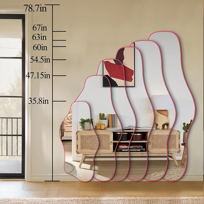 Large Irregular Mirror, 54.5"x24" Pink Asymmetrical Tempered Glass Mirror, Frameless Organic Shaped Mirrors for Entryway Hallway Bedroom Living Room, Horizontal or Vertical Hanging