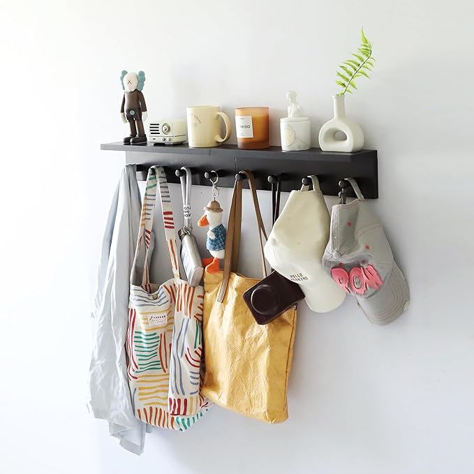 Entrance Coat Rack ，Coat Hooks, Wall-Mounted Wooden Hook Rack, Wall-Mounted Shelves are Very Suitable (Black Color Finish—A-1)