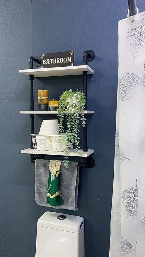ROGMARS Industrial Pipe Shelving Bathroom Shelves with Towel Bar,3 Tier 24 inch Retro White Rustic Farmhouse Industrial Wall Shelf Bathroom Shelves Over Toilet for Storage
