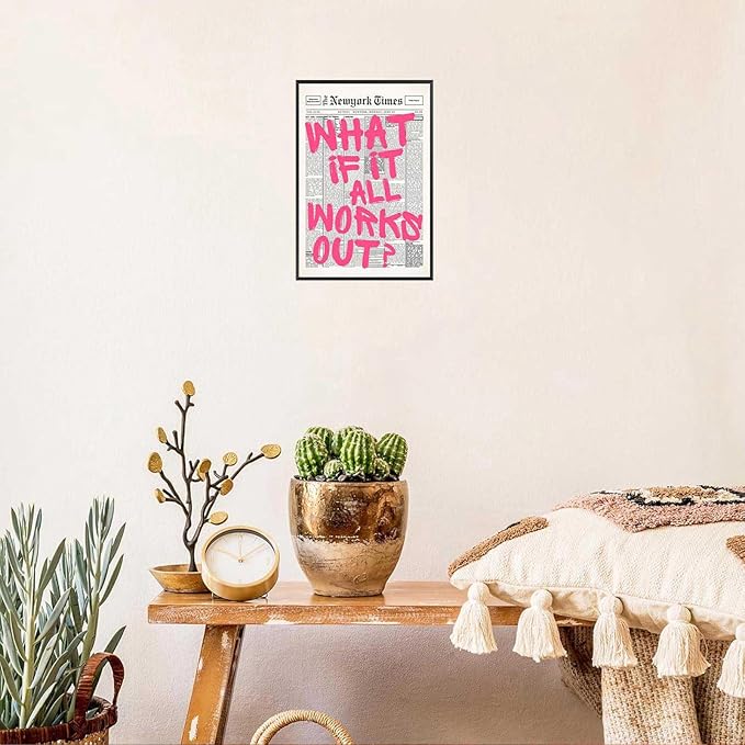 Drimiler Retro Newspaper Pink Font Poster What If It All Works Out Canvas Wall Art Positive Affirming Quote Minimalist Prints Painting For Home Bedroom Dorm Wall Decor 8x12in Framed