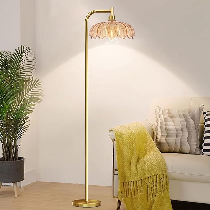 Gold Floor Lamp for Living Room,Bedroom,Mid Century Modern Standing Lamp with Remote,Dimmable Brass Tall Lamp Glass Lamp Vintage Retro Arc Floor Lamps Flower Floor Light Boho Bohemian