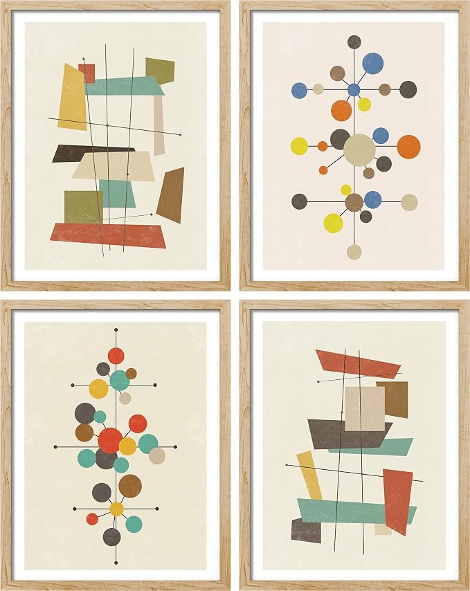 SIGNWIN Framed Mid-Century Modern 1960s Vintage Nordic Polygons Wall Art, Set of 4 Abstract Geometric Wall Decor Prints, Nature Wilderness Wall Décor for Living Room, Bedroom - 8"x10" Natural