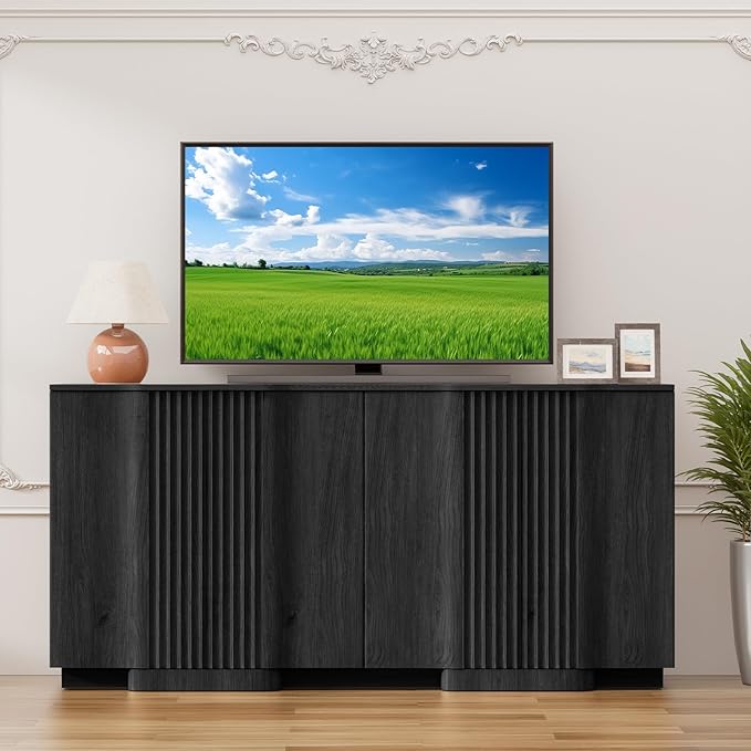Yechen Buffet Cabinet with Storage, 59" Accent Sideboard Modern Credenza with Doors & Adjustable Shelves Fluted Media Console Wood Coffee Bar Table for Living Kitchen Dining Room Black(4 Door)