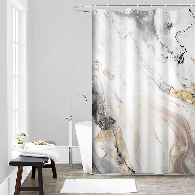 Grey and White Shower Curtain, Modern Grey Marble Shower Curtain for Bathroom Aesthetic Waterproof Shower Curtain Set with Hooks, 60x72 Inch