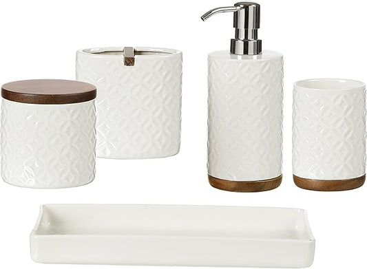 Bathroom Accessories Set, 5-Piece Ceramic and Wood Bath Accessory Complete Set with Lotion Dispenser/Soap Pump, Cotton Jar, Vanity Tray, Tumbler and Toothbrush Holder (White and Beige)