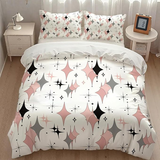 Mid Century Comforter Set for Girls,Modern Pink Grey Abstract Atomic Geometric Pattern Retro 1950s 1960s Style Bedding Set with Pillowcase for Bedroom Bed Decor,King 102"x90"