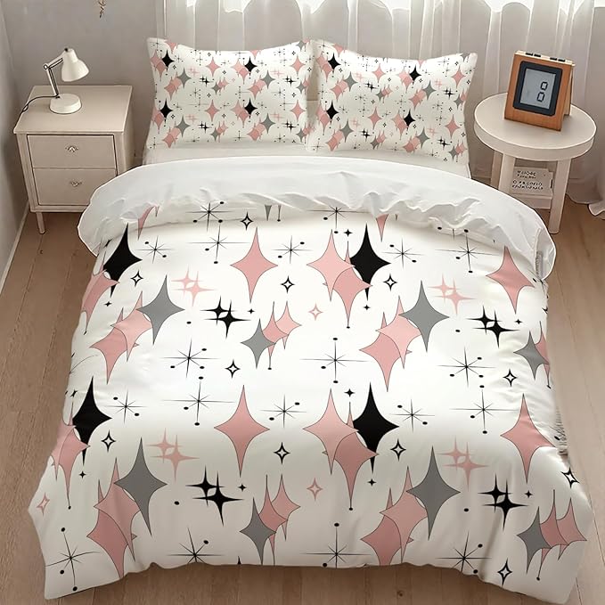 Mid Century Comforter Set for Girls,Modern Pink Grey Abstract Atomic Geometric Pattern Retro 1950s 1960s Style Bedding Set with Pillowcase for Bedroom Bed Decor,Queen 90"x90"