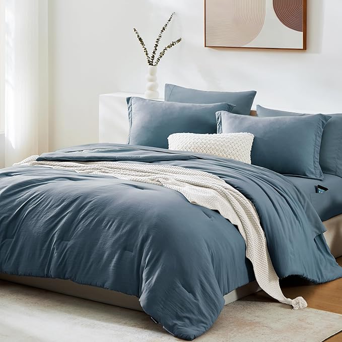 WRENSONGE King Size Comforter Set- 7 Pieces Soft Oxford Blue Bed in a Bag King with Fitted Sheet, Flat Sheet, 2 Pillow Shams, and 2 Pillowcases-Warm King Bedding Set for All Season
