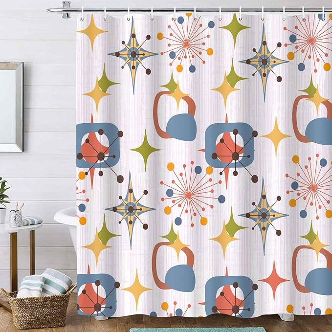 Mid Century Shower Curtain, 72x84inch, Modern Abstract Retro Pink Striped Geometric Shower Curtain Sets 1950s Boho Bathroom Shower Curtain with 12 Hooks