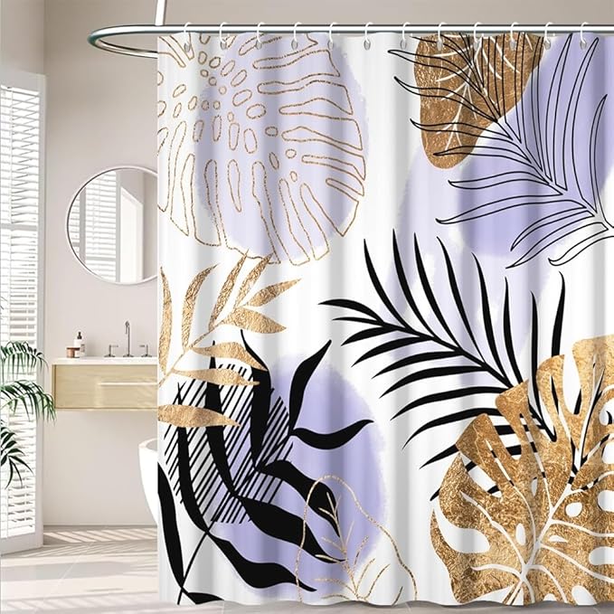 Modern Boho Shower Curtain Purple Gold Palm Leaf Abstract Aesthetic Bathroom Decor Gorgeous Watercolor Botanical Theme Bohemian Bath Curtains Washable Waterproof Polyester Fabric with Hooks 69x70 Inch