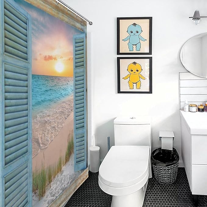 Ocean Beach Shower Curtain,Coastal Nautical Barn Wood Door Sunset Country Seaside Modern Bedroom Living Room Treatment Fabric Waterproof Fabric Bath Curtain Decor with Hooks,72x72Inch