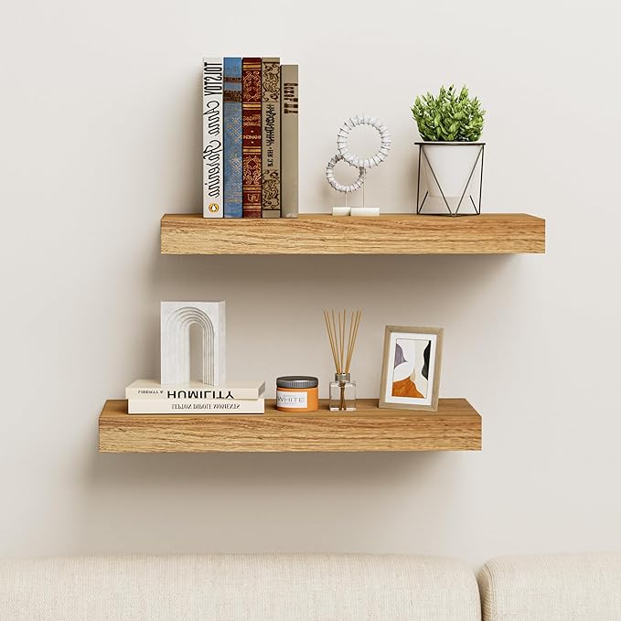 INHABIT UNION Oak Floating Shelves Wood for Wall 15.7in Wall Mounted Display Ledge Shelves Perfect for Bedroom, Bathroom, Living Room and Kitchen Decoration Storage (Set of 2)