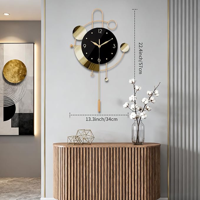 SIN&MI Wall Clock with Pendulum,Silent Non Ticking Battery Operated Modern Large Wall Clocks for Living Room Bedroom Farmhouse Office Kitchen Home Wall Decor-13.3 * 22.4 Inch(Golden)