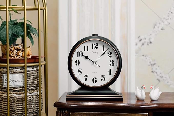 Retro 10 Inch Silent Desk Clock - Antique Decorative, Easy to Read in Office/Bedroom (Black)