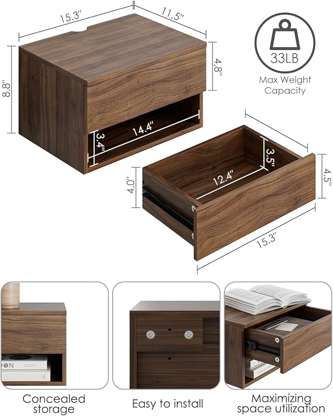 Floating Nightstand, Small Modern Floating Nightstand with Drawer, Floating Shelves for Bedroom, Bathroom (Brown Walnut)