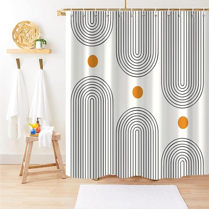 Boho Mid Century Extra Long Shower Curtain, Modern Abstract Arch Sun Ivory Machine Washable Waterproof Fabric for Bathroom Decor Bathtub with 12 Hooks 72Wx84H