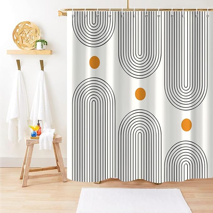 Boho Mid Century Shower Curtain, Modern Abstract Arch Sun Ivory Machine Washable Waterproof Fabric for Bathroom Decor Bathtub with 12 Hooks 72Wx78H