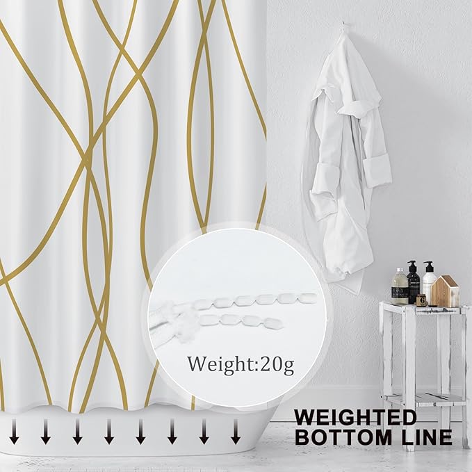 Punkray Gold Light Brown and White Striped Wavy Line Polyester Shower Curtain for Bathroom with Hooks, Extra Long Shower Curtain Set Decor Weighted Hem Washable, 72 x 78
