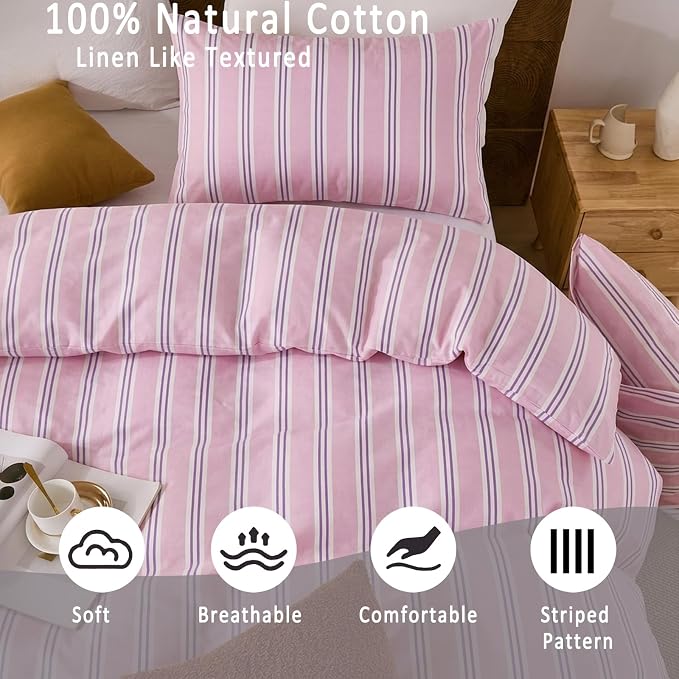 Merryword Striped Duvet Cover Set King Size - 100% Cotton Duvet Cover Set, Purple Ribbon Stripes Pattern Comforter Cover 3 Pieces, Soft Linen Like Bedding Set for All Seasons