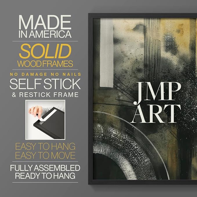 Renditions Gallery Set of 2 Peel & Stick Framed Prints, Moody Abstract Wall Art, Circular and Splattered Effects Wall Decor, Re-Stickable - Ready to Hang - 11"x14" - Black Frame LT588