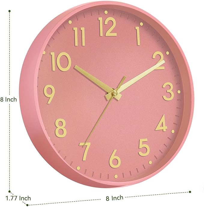 Mosewa Wall Clock 8 Inch, Battery Operated Silent Non-Ticking Modern Analog Clock Decorative for Kitchen, Bedroom, Office, Living Room(Pink Gold)