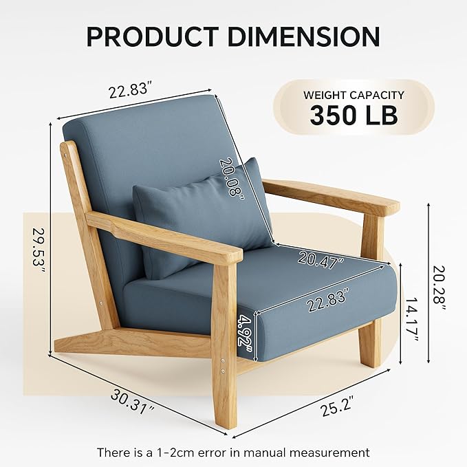 Solid Wood Accent Chair Mid-Century Modern Lounge Armchairs, Fabric Upholstered Soft Comfy Living Room Chairs with Armrest Waist Cushion Pillow for Office Reading Waiting Room (Blue)