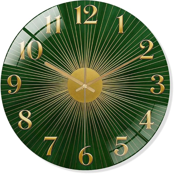 12 Inch Green Sunburst Glass Wall Clock Silent Art Decor | Silent glossy clock with an emerald green sunburst and gold numbers, elegantly tracking time for your living room