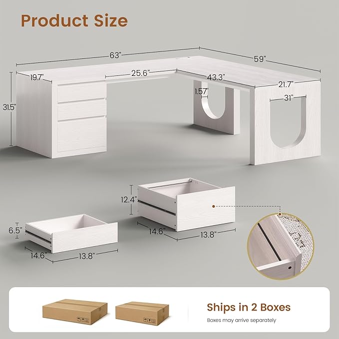 SEDETA Modern L Shaped Desk with 3 Drawers, 63" Executive Office Desk with File Drawer, Wood Corner Computer Desk with U-Shaped Legs & Relief Texture, Home Office Desk with Power Outlet, White