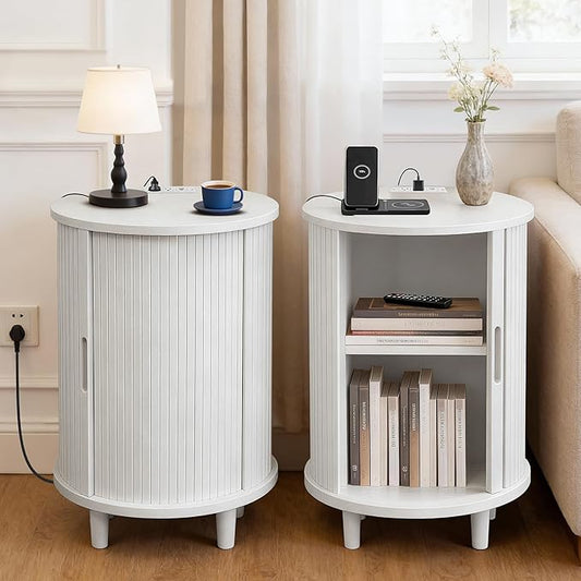 DHH End Table Set of 2 with Storage & Charging Station, Fluted Accent Side Table with Sliding Door & Adjustable Shelf, Mid-Century Nightstand for Small Spaces, Living Room, Bedroom(2, White)