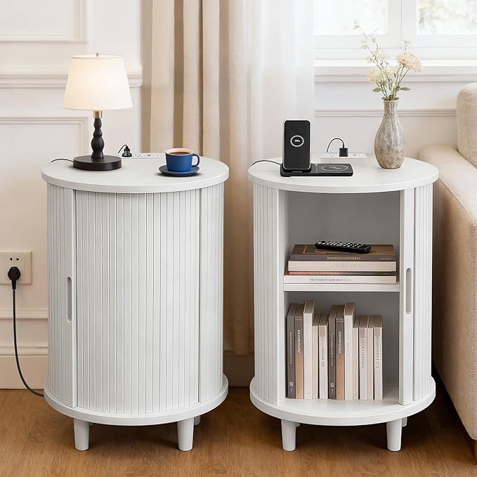DHH Round End Table with Storage & Charging Station, Fluted Accent Side Table with Sliding Door & Adjustable Shelf, Mid-Century Nightstand for Small Spaces, Living Room, Bedroom (1, White)