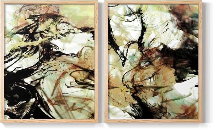 Renditions Gallery Set of 2 Peel & Stick Framed Prints, Abstract Wall Art, Vapping Smoke Design Wall Decor, Re-Stickable - Ready to Hang - 8"x10" - NATURAL WOOD Frame LT588
