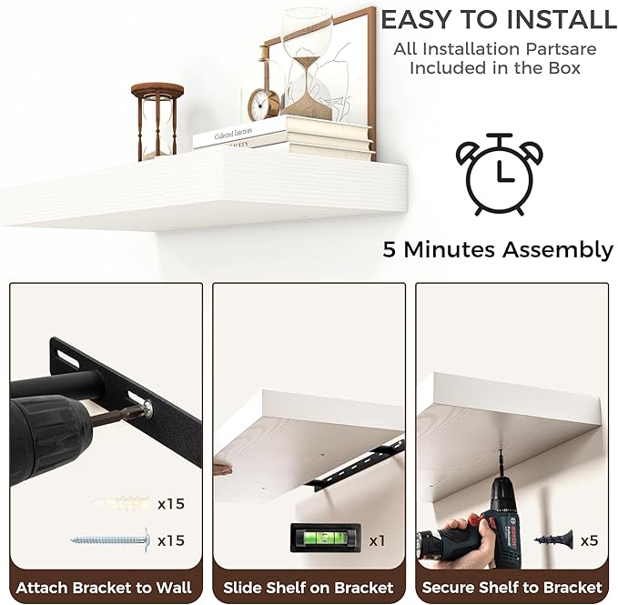 Floating Shelves for Wall, 24 Inch Wide x 12 Inch Deep Floating Shelves, Long Wood Floating Wall Shelf Shelves for Living Room Bathroom Bedroom Kitchen Home - (White, 24" W x 12" D x 2" H)