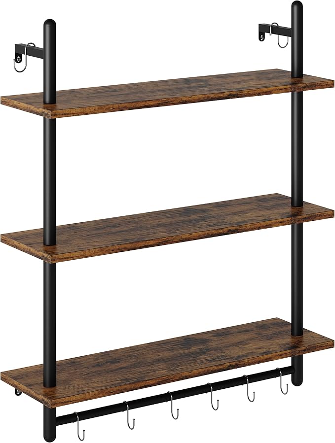 Bestier 3 Tier Industrial Pipe Shelving, Floating Book Shelves for Wall, Storage Hanging Shelves with Towel Bar for Bathroom Organizer Bedroom Kitchen Plants Office. 31.5 Inch Rustic Brown
