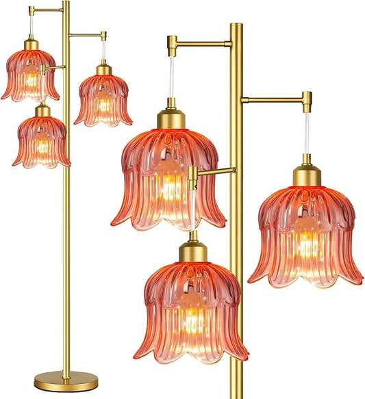 QIYIZM Pink Floor Lamp for Living Room,Bedroom,Gold Mid Century Modern Standing Lamp Brass Tree 3 Light Tall Floor Lamps Floor Lights Glass Flower Lamp Shade Girls Kids Boho Bohemian