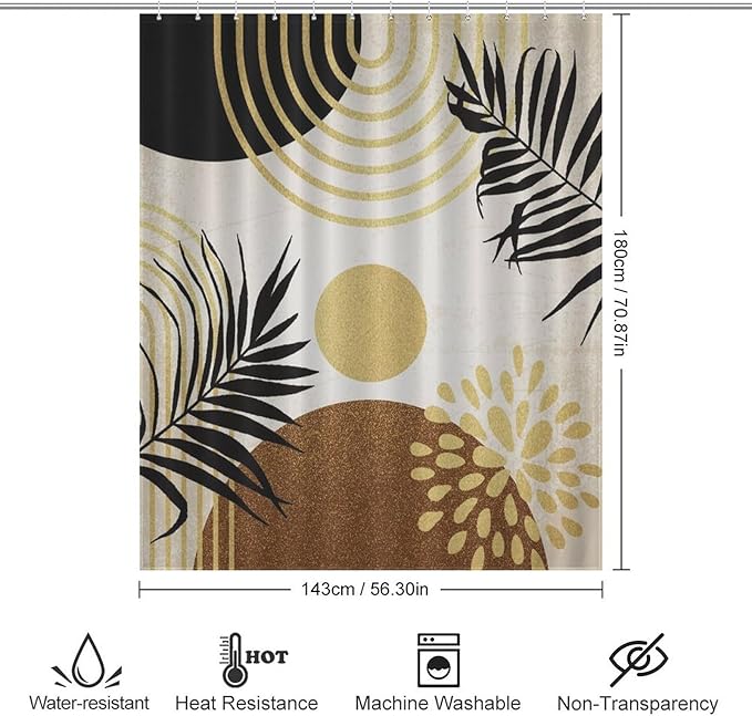 Boho Mid Century Shower Curtain Abstract Golden Dots Leaves Modern Geometric Minimalist Aesthetic Washable Waterproof Fabric for Bathroom Decor Bathtub with 12 Hooks 55x72in（140x183cm）