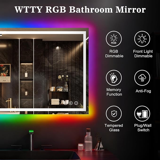 WTTY LED Bathroom Mirror 60"x36" with RGB Backlit and Front Light,Stepless Dimmable LED Mirror for Bathroom,Lighted Bathroom Vanity Mirror,Anti-Fog,Memory Function,Shatter-Proof,Wall Mounted