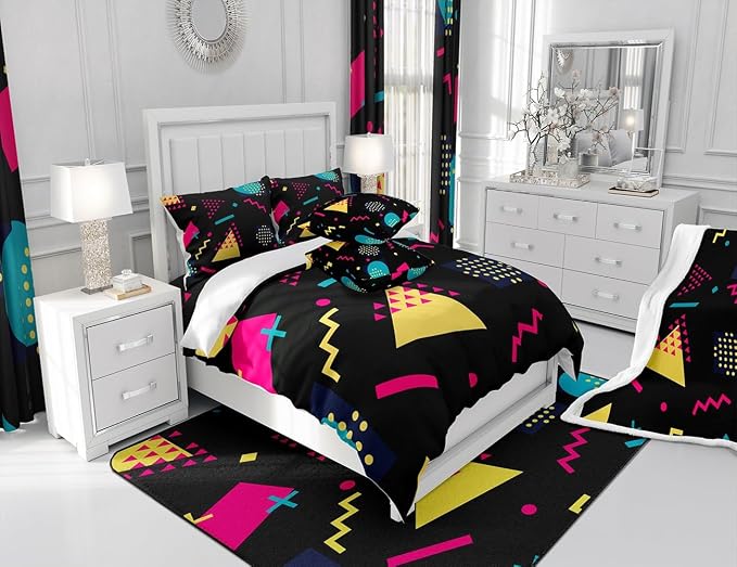 Manfei Memphis Comforter Set Full Size, Retro 80s 90s Geometric Fashion Style Bedding Set 3pcs for Kids Boys, Triangle Circle Vintage Quilt Set Soft Polyester Duvet Set with 2 Pillowcases