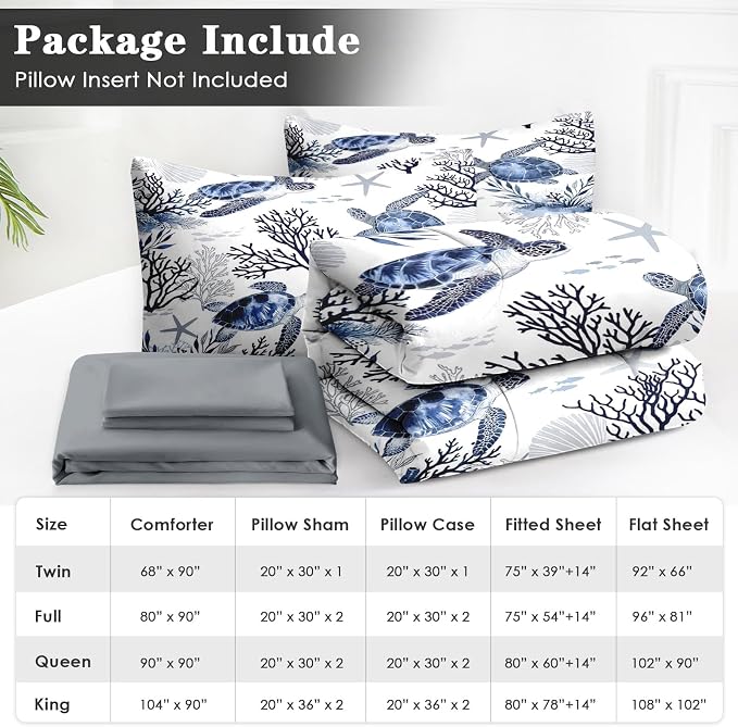 WeCozy 7 Pcs Full Size Comforter Set with 2 Pillowcases & 2 Shams, Ocean Sea Coral Bedding for Kids and Adults, Blue Animal Turtle Bed in a Bag with Flat Fitted Sheet