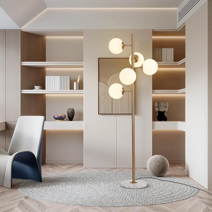 KCO Lighting 5-Light Frosted White Glass Globe Floor Lamp Mid Century Modern Gold Tall Pole Standing Light LED Standing Lamps with Foot Switch for Home Office (Gold)