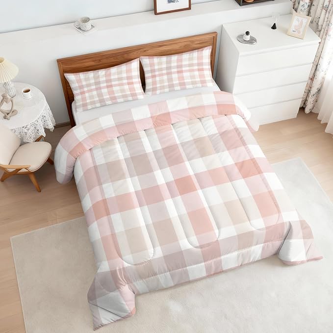 Pink Checkered Full Size Comforter Sets 3 Piece, Buffalo Check Printed Pattern, Soft All Season Bed Comforter & 2 Pillow Sham, Farmhouse Plaid Bedroom Decor Reversible Bedding D-GM3
