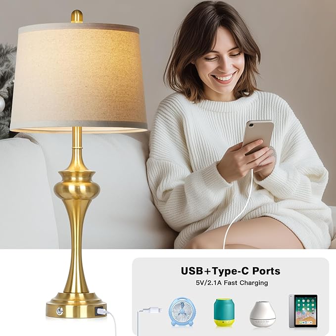 Rinweey 30 Inch Single Table Lamp for Bedside, 3-Way Touch Control Bedroom Table Lamp with USB A+C Ports, Tall Living Room Lamps for End Table, Modern Brass Lamps for Nightstand Desk Office, Gold
