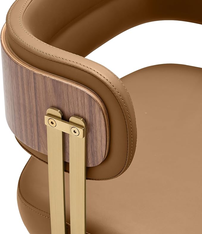 Modern Upholstered Leather Dining Chairs with High-Resilience Foam Cushion, Walnut Wood Veneer&Gold Metal Legs, 22Lx20.5Wx28.3H Inches, Anti-Slip Kitchen Chairs for Dining Room,Light Brown