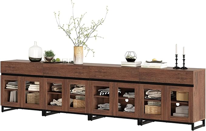 WAMPAT 4 in 1 Multifunctional Sideboard Buffet Cabinets with 8 Glass Doors and 4 Drawers, Modern Sideboard Credenza with Metal Base, Coffee Bar Storage Cabinet for Living Room, Kitchen, Brown