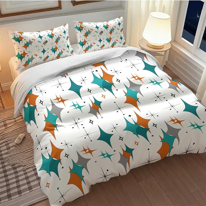 Mid Century Bedding Set,Modern Orange Blue Abstract Atomic Geometric Pattern Retro 1950s 1960s Style Comforter Set with Pillowcase for Bedroom Bed Decor,Full 79"x90"