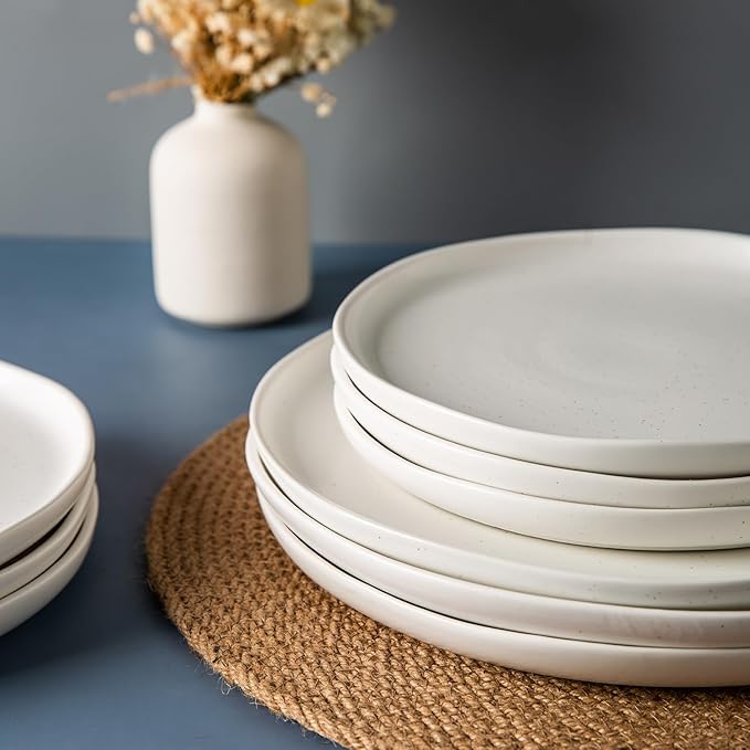 AmorArc Ceramic Dinnerware Sets, Wavy Rim Stoneware Plates and Bowls Sets,Dishwasher & Microwave & Oven Safe Dishes set, Service for 6 (18pc)-Matte Speckled White