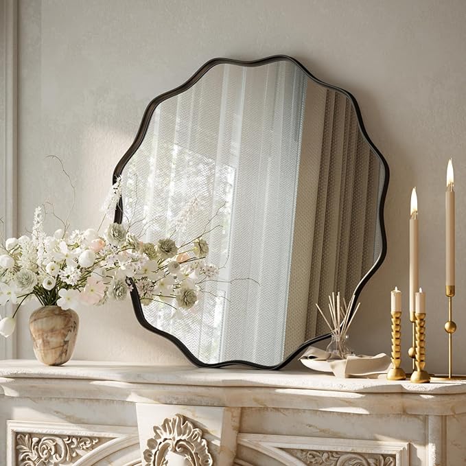 VooBang Black Scalloped Circle Mirror, 20" Wavy Edge Round Wall Mirror with Tempered Glass Textured Circular Metal Deep Frame, Hanging Leaning for Bathroom, Hallway, Entryway, Livng Room