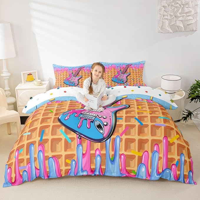 Erosebridal Guitar Music Comforter Cover Full for Girls - Blue Pink Ice Cream Drip Dessert Bedding Set Sweet Candy Duvet Cover,Summer Dessert Party Bed Set