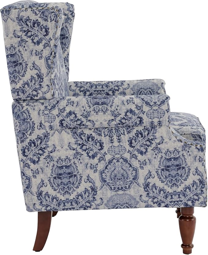 High Back Accent Chair, Fabric Upholstered Armchair for Living Room, Floral Wingback Chair with Retro Solid Wood Legs, Nailhead Trim Single Sofa Bedroom Reading Seat - Navy Blue