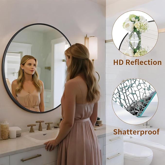 Round Mirror Wall Mounted Mirror - 24" Circle Mirror Bathroom Vanity Mirror with Aluminum Frame for Bedroom Living Room, Entryway Decor Black Mirror